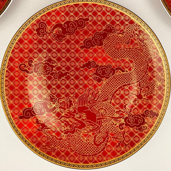 Williams Sonoma Lunar Dinner Plates SET OF 4 Dragon Red Gold 10 3/4" NEW - Picture 1 of 8
